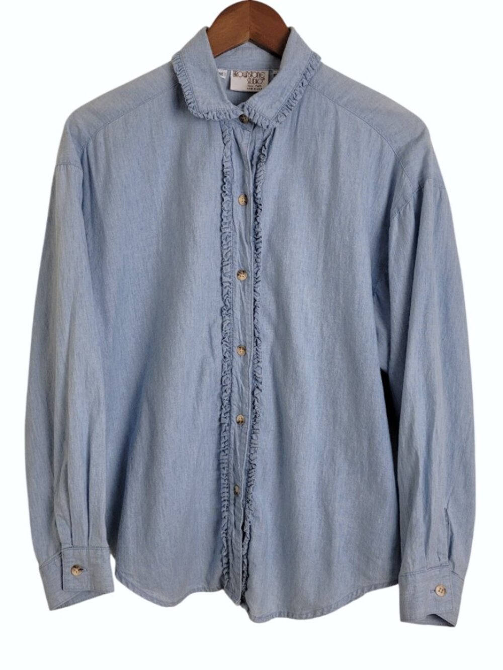Vintage Chambray Ruffled Button Up Shirt Cotton women's medium